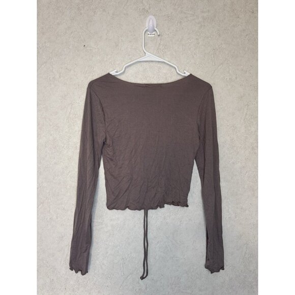 NWT Womens Baby Tee Long Sleeve Ribbed Scrunched Front Tie V-Neck Y2k 90s MEDIUM - Picture 2 of 9